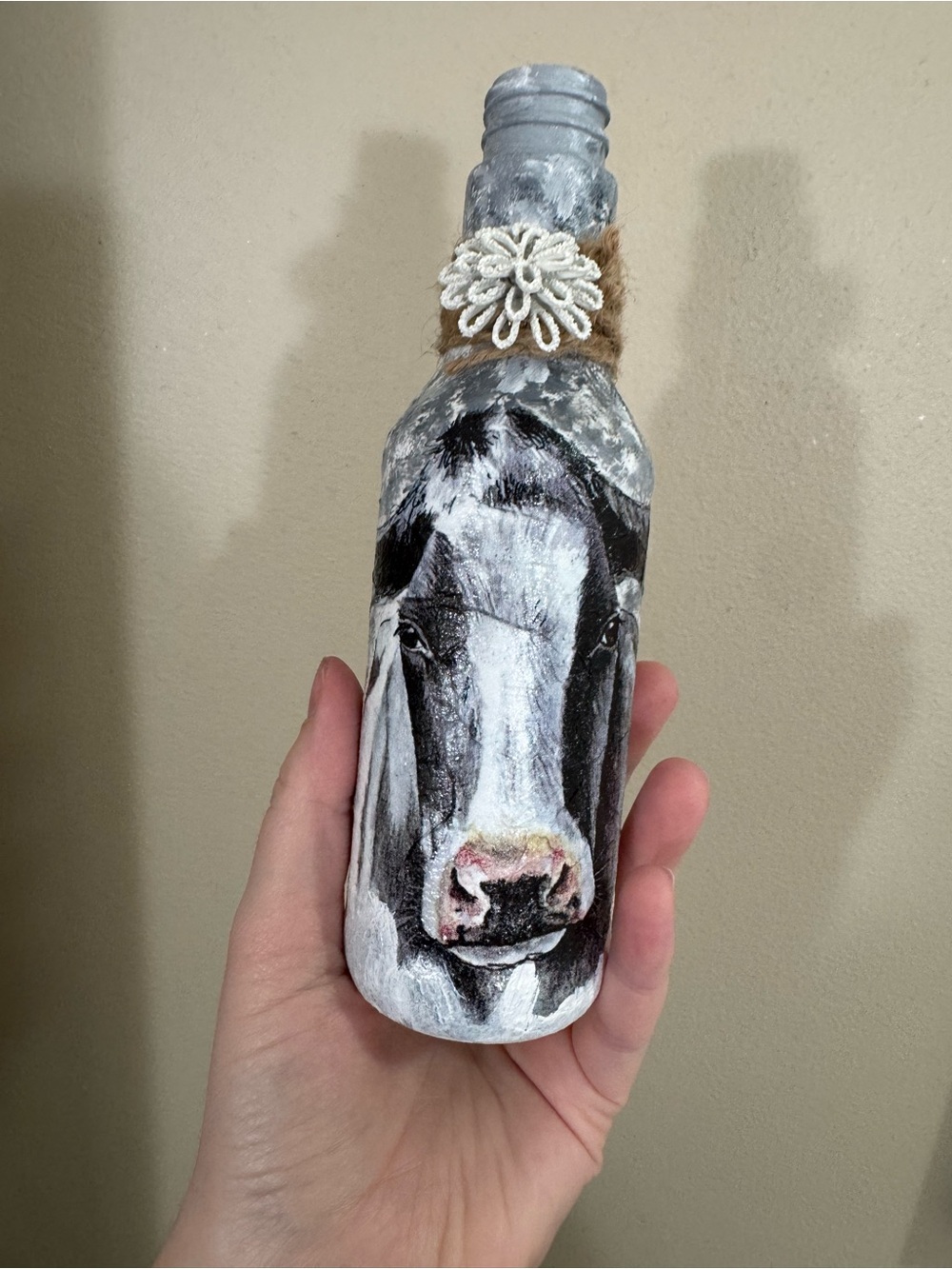 Glass Cow Bottle Art Decoupage Farm House Decor Size 4”x7.5”